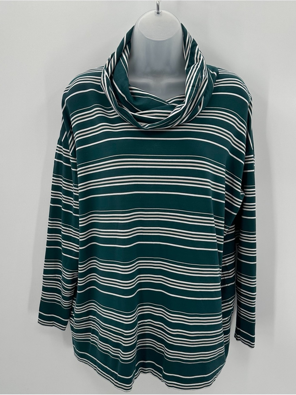 Garnet Hill Top Tunic Women’s M Teal Stripe Cowl Turtleneck L/S Tencel Knit